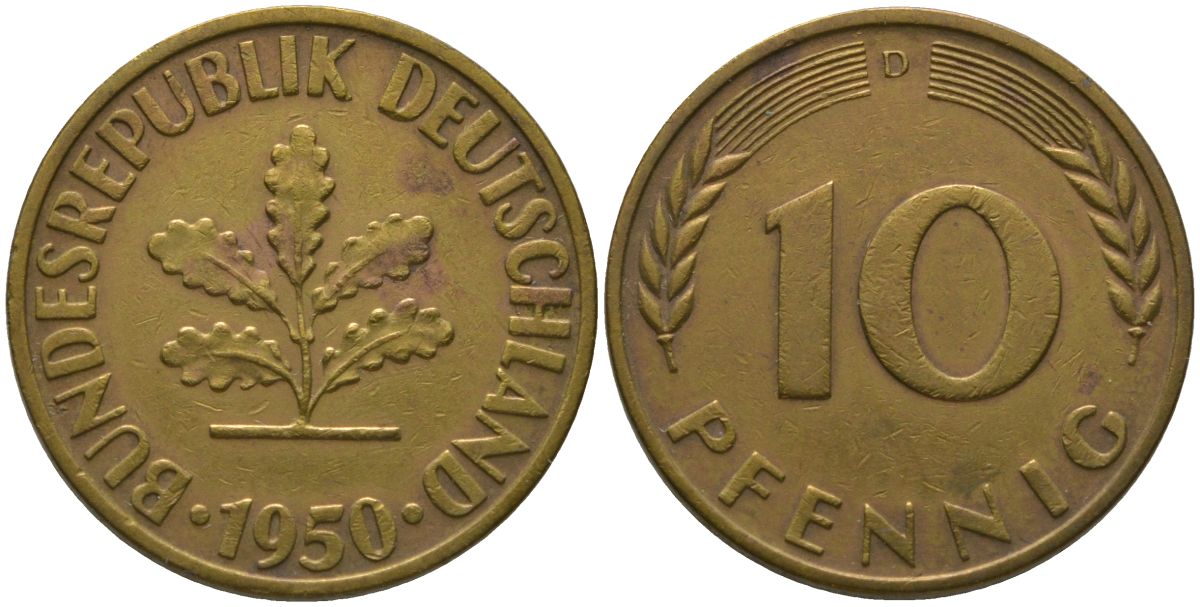 ФРГ 10 пфеннигов 1950 D KM 108 сталь плакированная латунью 4571-312