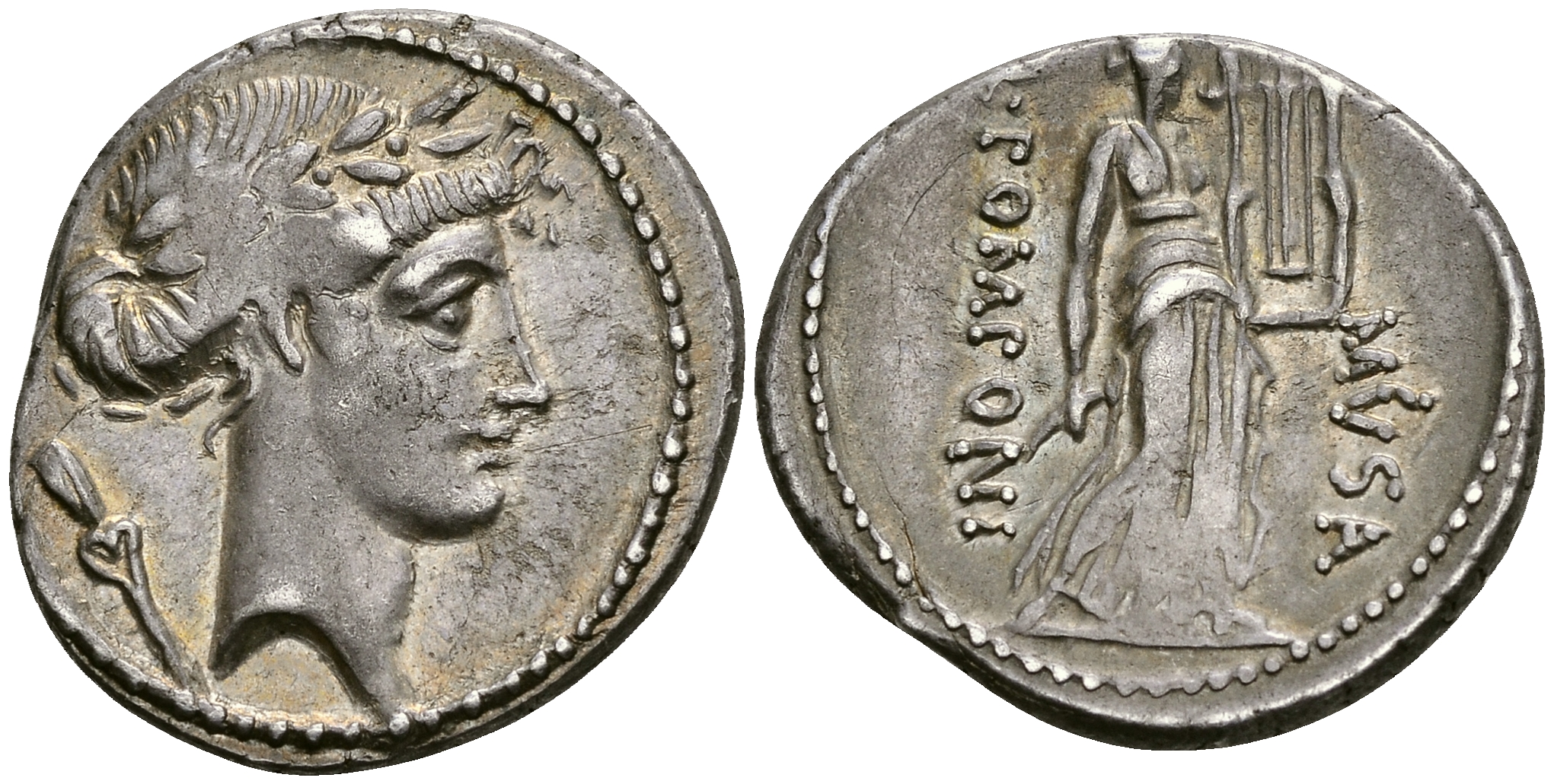 Римская Республика денарий 66 г. до н.э. монетарий КВ. Помпоний Муза. голова Аполлона / Терпсихора - муза танца ABOUT EXTREMELY FINE 4,03 ГР. Crawf. 410/7 d; Syd. 820 a серебро 00-814-95