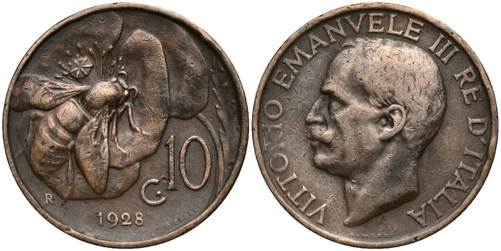 Италия 10 чентезимо 1928 R, Виктор Эммануил III (1900-1946), пчела KM 60 бронза 27-1253