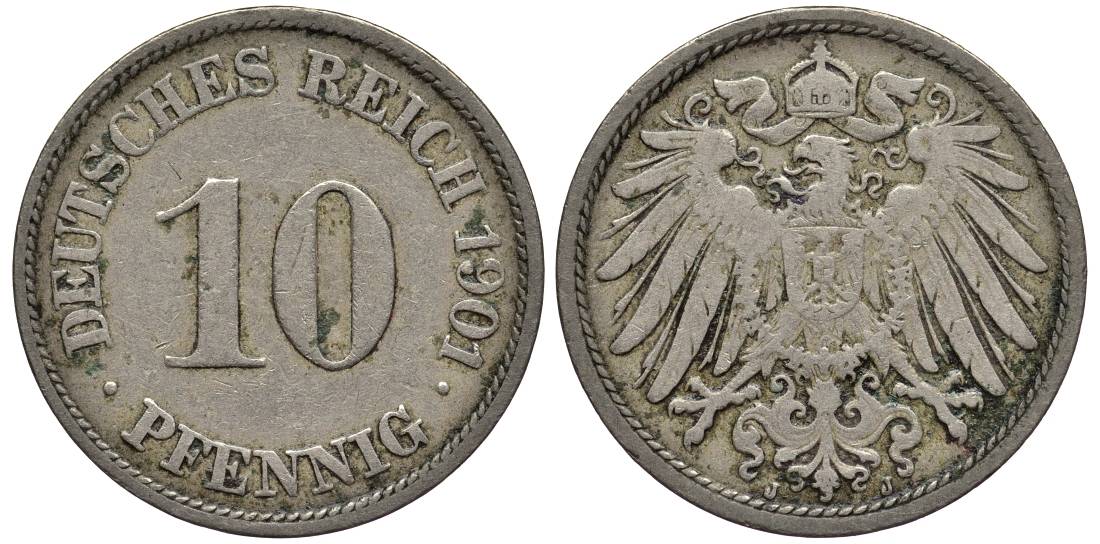 Германия 10 пфеннигов 1901 J KM 12, Jager 13, Weege 8 медно-никель 219-343
