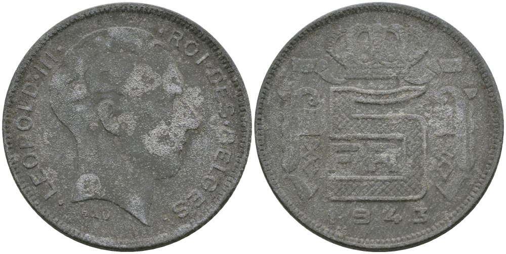 Бельгия 5 франков 1943 BELGES, Леопольд III (1934-1947) KM 129.1 цинк 4579-253