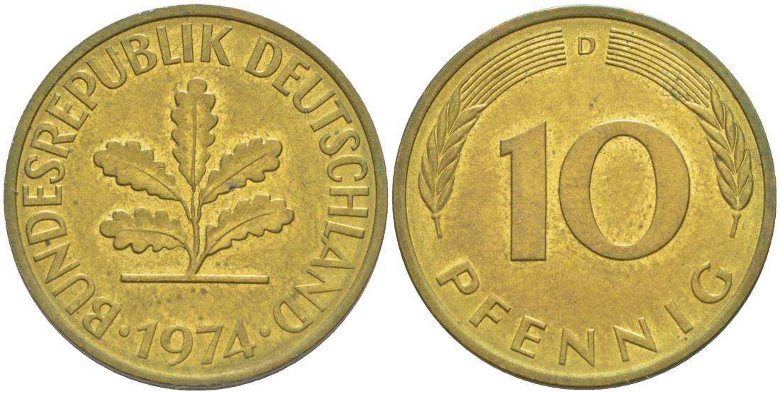 ФРГ 10 ПФЕННИГОВ 1974 D KM 108, J. 383 сталь плакированная латунью 219-454