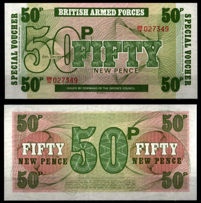 Великобритания, Британские вооружённые силы 50 пенсов ND (1972) 6-ая серия, De la Rue, для использования британскими войсками в Западном Берлине Pick M46 бумага UNC (пресс) 7201-38-3