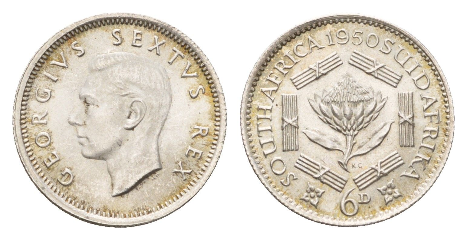 ЮАР 6 пенсов 1950 Георг VI (1936-1952) KM 36.1 серебро UNC 1525-114