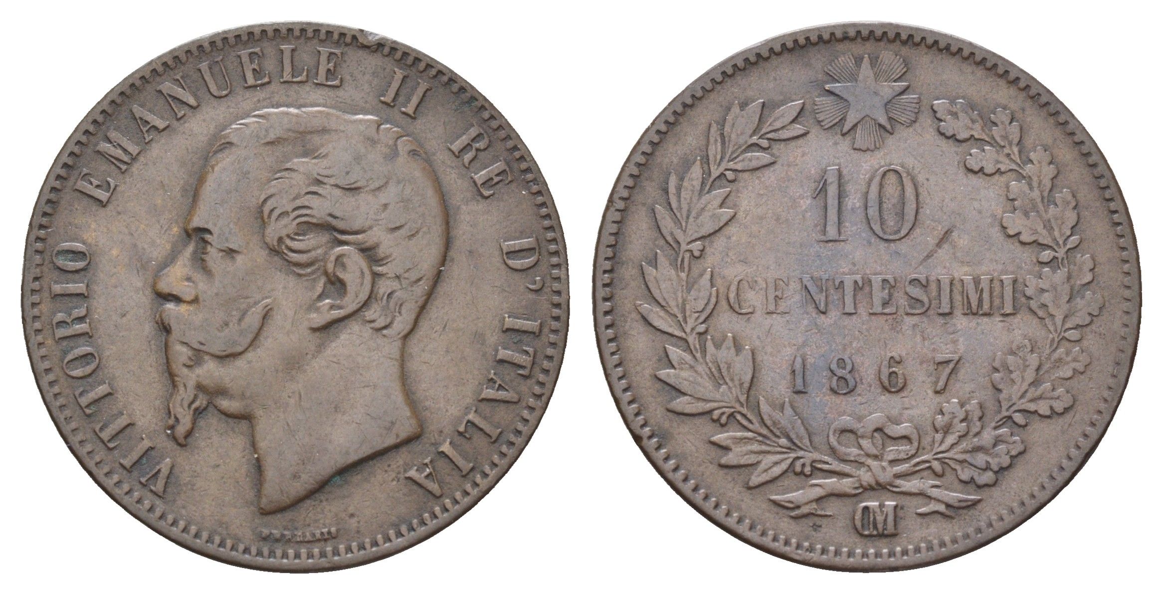 Италия 10 чентезимо 1867 OM, Виктор Эммануил II (1861-1878) KM 11.5 медь 4667-424