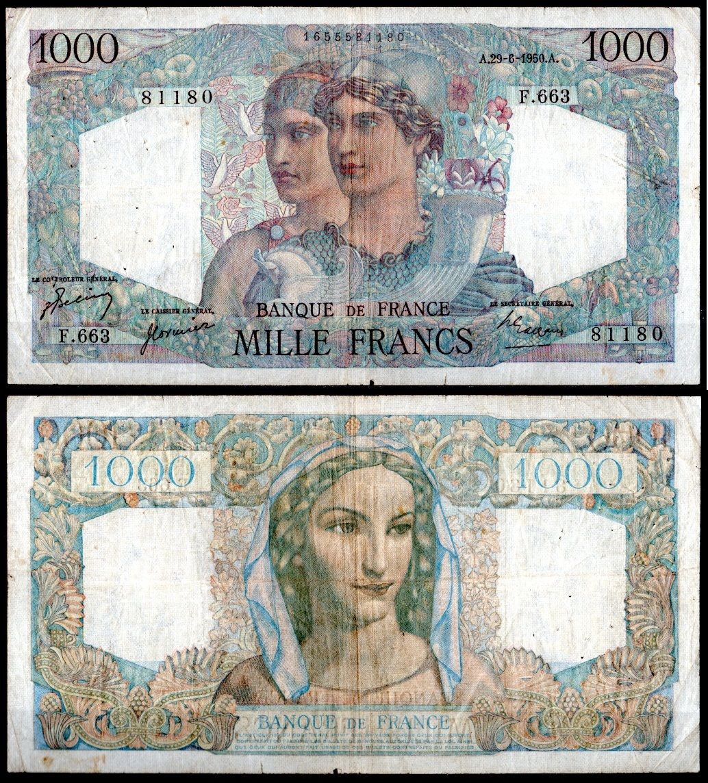 Франция 1000 франков 1950 Pick 130 c бумага 7198-5-2-2