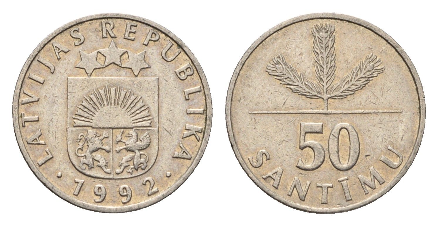 Латвия 50 сантимов 1992 KM 13 медно-никель 4689-759