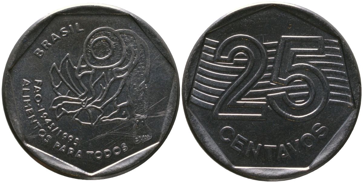 Бразилия 25 сентаво 1995 50 лет Всемирной продовольственной программе KM 642 нержавеющая сталь UNC 4519-1225
