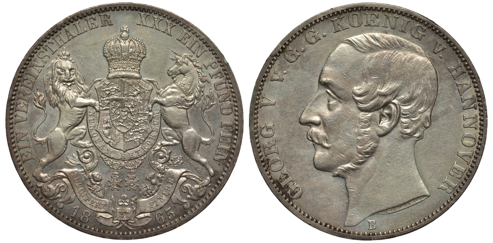 Брауншвейг-Каленберг-Ганновер 1 талер 1865 B, Георг V (1851-1866) KM 230, AKS 144, Dav. 682, Kahnt 239, Thun 174 серебро UNC 00-816-48