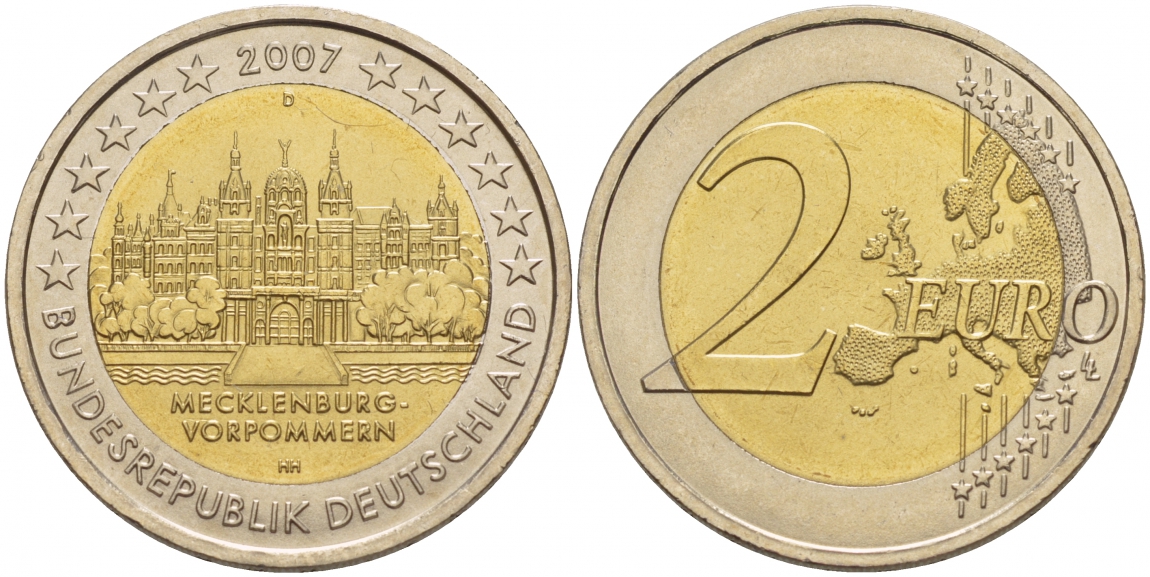 ФРГ 2 евро 2007 D, серия федеральные земли, Мекленбург-Передняя Померания, Шверинский замок KM 260 биметалл UNC 1094-6-63
