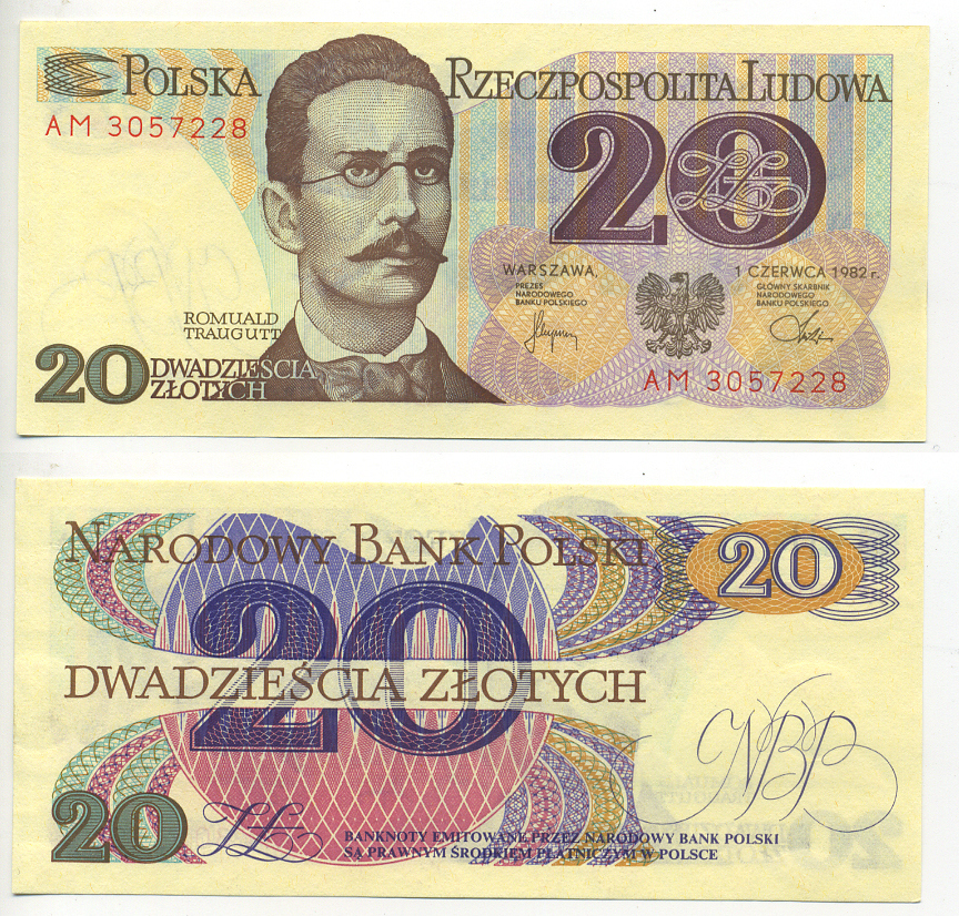 Польша 20 злотых 1982 Ромуальд Траугутт, в серии 2 буквы Pick 149 a (2) бумага UNC (пресс) 6300-12-2-2
