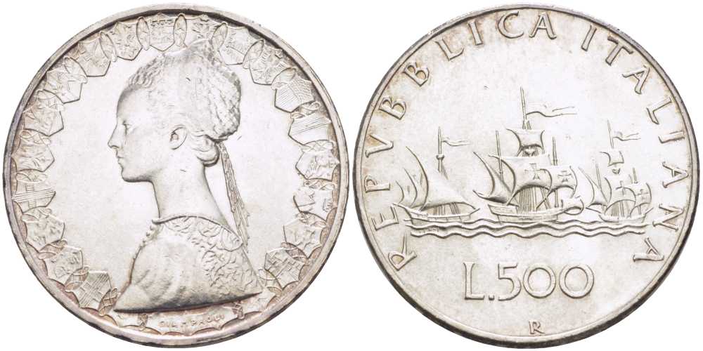 Италия 500 лир 1958 R, корабли Колумба KM 98 серебро 51-4516