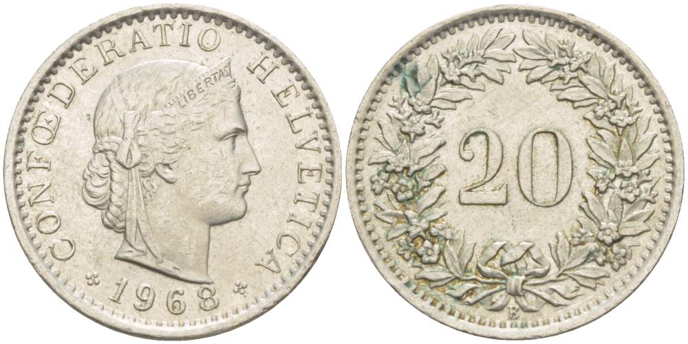 Швейцария 20 раппенов 1968 В KM 29а медно-никель 4511-944