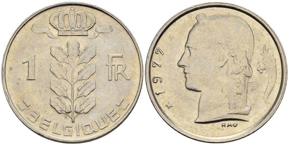 Бельгия 1 франк 1977 Belgique, Бодуэн I (1951-1993) KM 142.1 медно-никель 4546-521