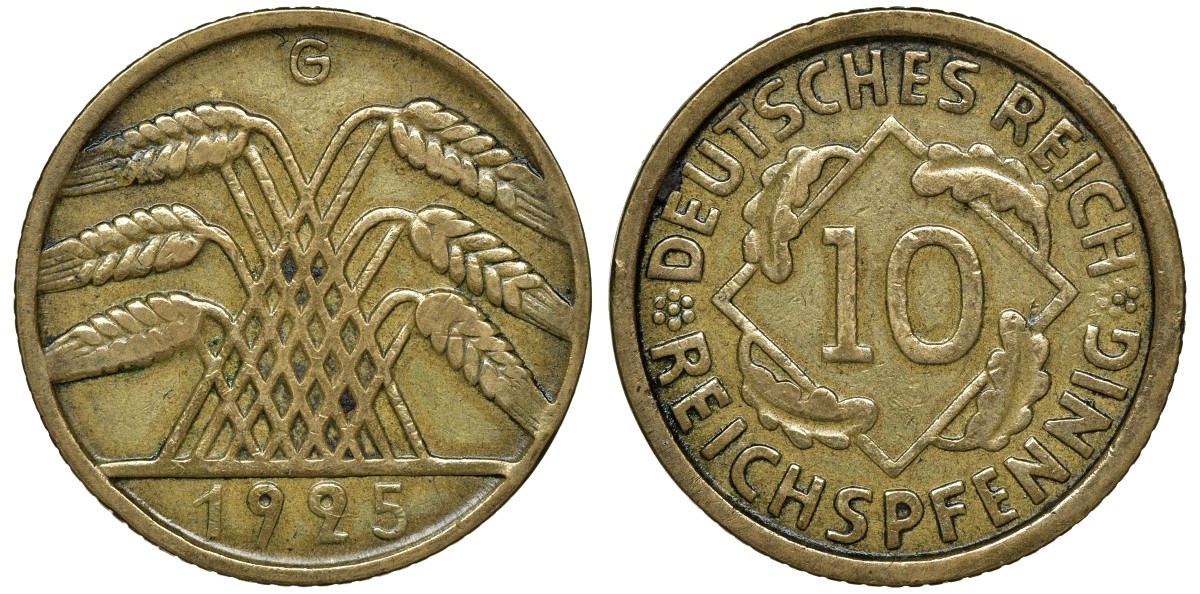 ГЕРМАНИЯ 10 РЕЙХСПФЕННИГОВ 1925 G KM 40, J.317 алюминиевая бронза 72-1551