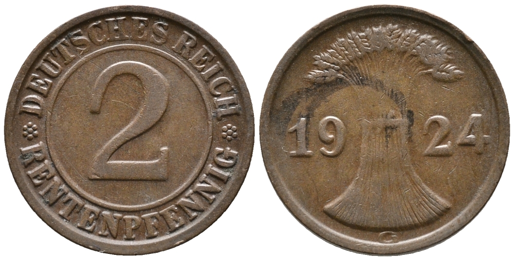 ГЕРМАНИЯ 2 РЕНТЕНПФЕННИГА 1924 G KM 31, J. 307 бронза 24-624