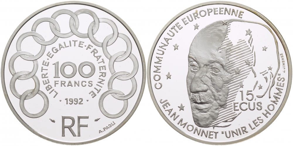 Франция 100 франков - 15 экю 1992 Жан Монне KM 1012 серебро  PROOF 04-174-42