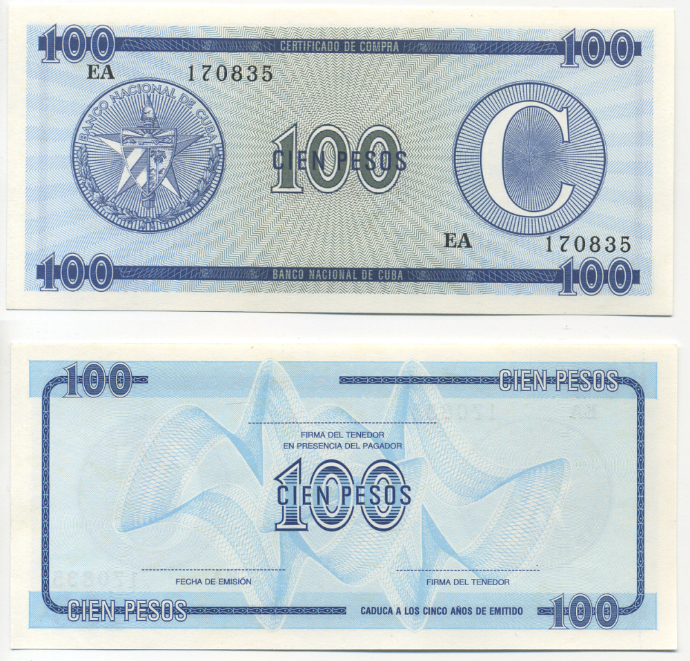 Куба, валютный сертификат 100 песо ND	серия C, второй выпуск, голубая Pick FX 25 бумага UNC (пресс) 7217-67-2-2