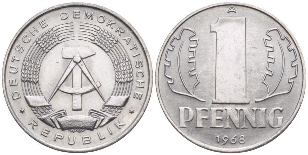 ГДР 1 ПФЕННИГ 1968 А KM 8.1 алюминий UNC 4547-962