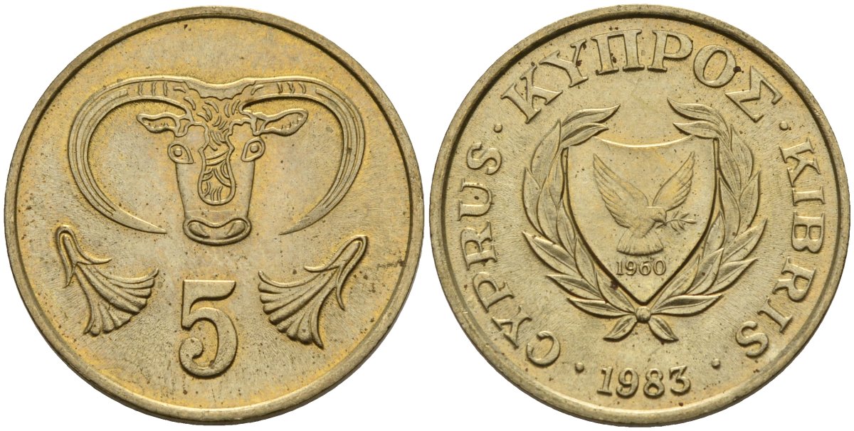 Кипр 5 центов 1983 голова быка KM 55.1 никель латунь 4141-923