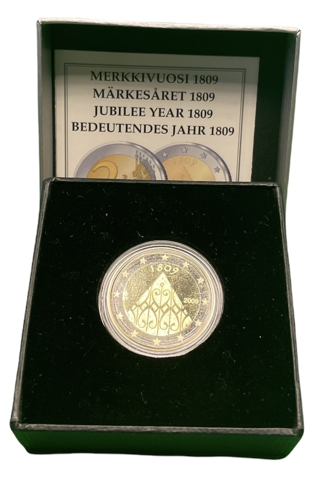 Финляндия 2 евро 2009 200 лет автономии, в оригинальной коробке, с сертификатом, тираж 25000 экз. KM 149 биметалл  PROOF  5-4-4-24