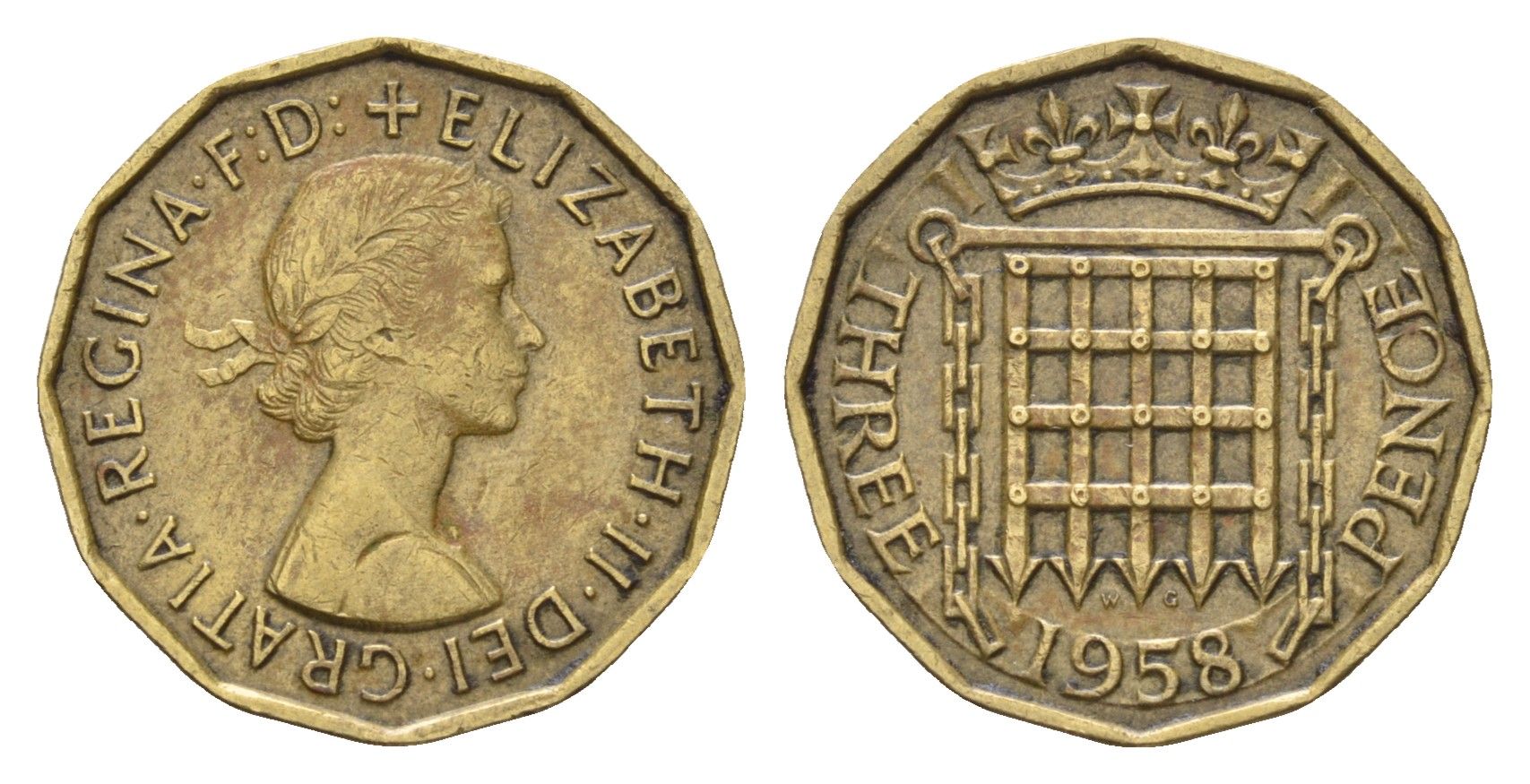 Великобритания 3 пенса 1958 Елизавета II (1952-2022) KM 900, Spink 4153 никель латунь 4116-653