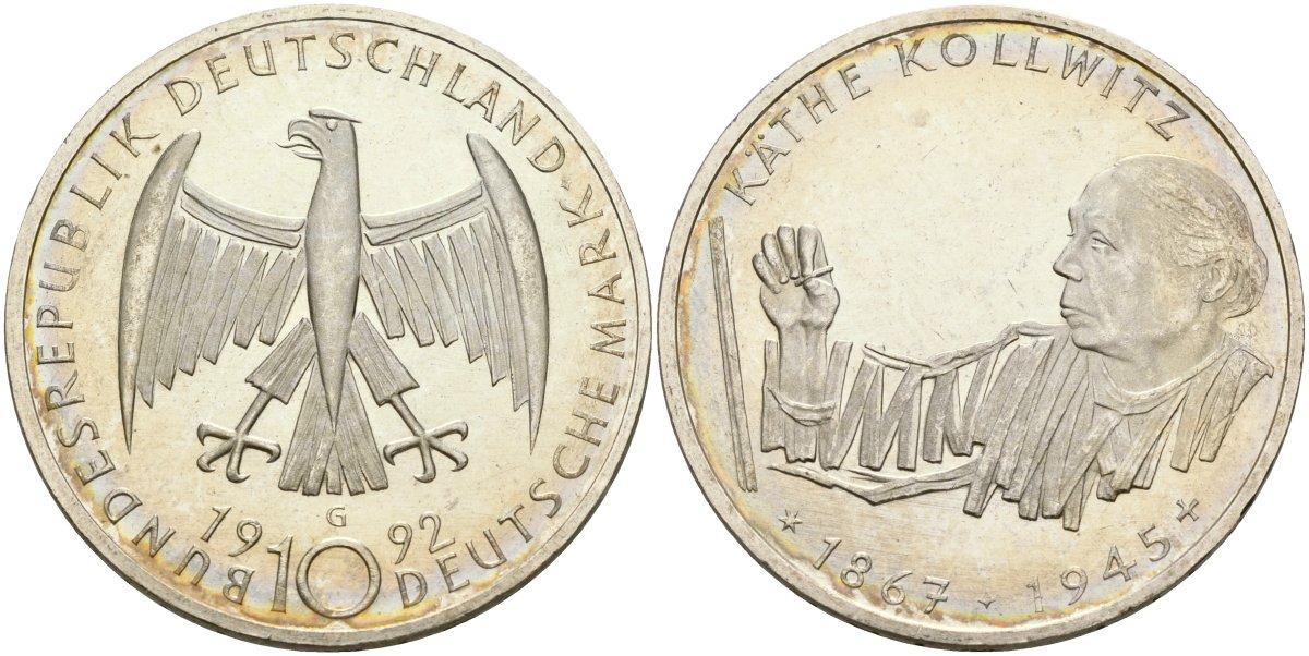 ФРГ 10 марок 1992 G, 125 лет со дня рождения Кете Кольвиц KM 178 серебро UNC 00-00
