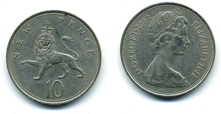Великобритания 10 пенсов 1968 Елизавета II (1952-2022) KM 912, Spink 4231 (F1) медно-никель  4110-1133