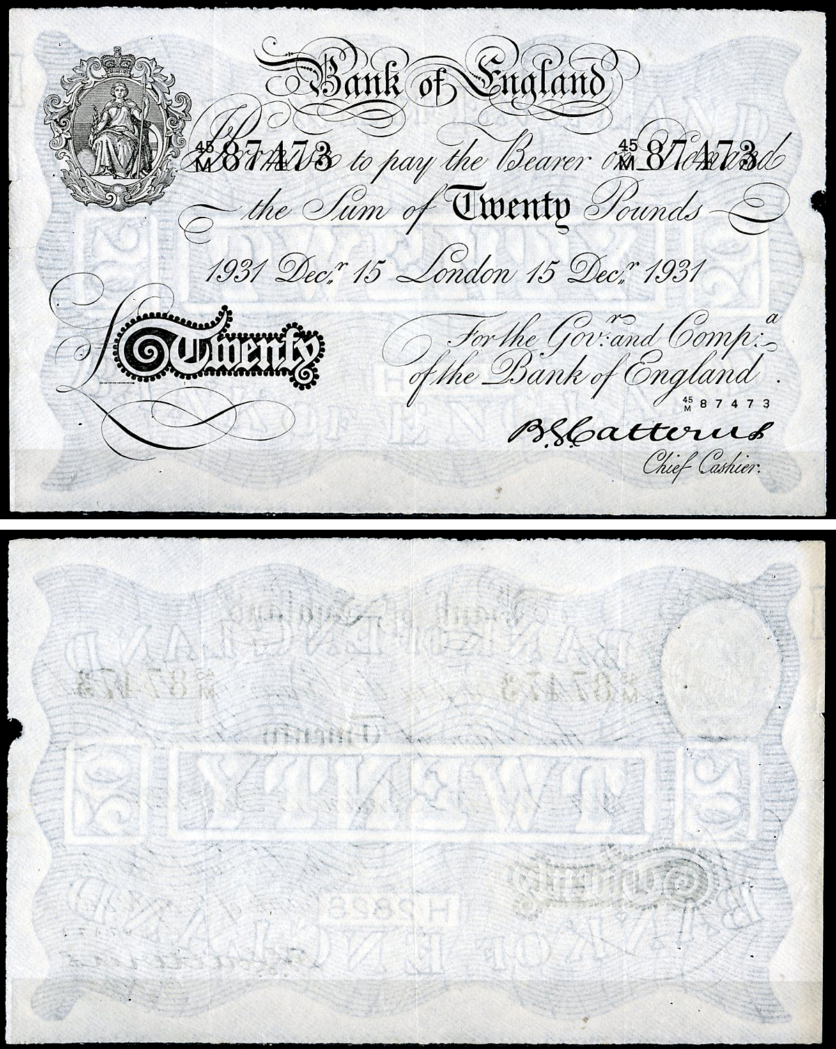 Англия 20 фунтов 1931 Лондон, 15 декабря, Операция "Бернхард", фальшивка в ущерб денежному обращению, гашения PW № RB172, Pick 337 a  бумага   444-123-1-1