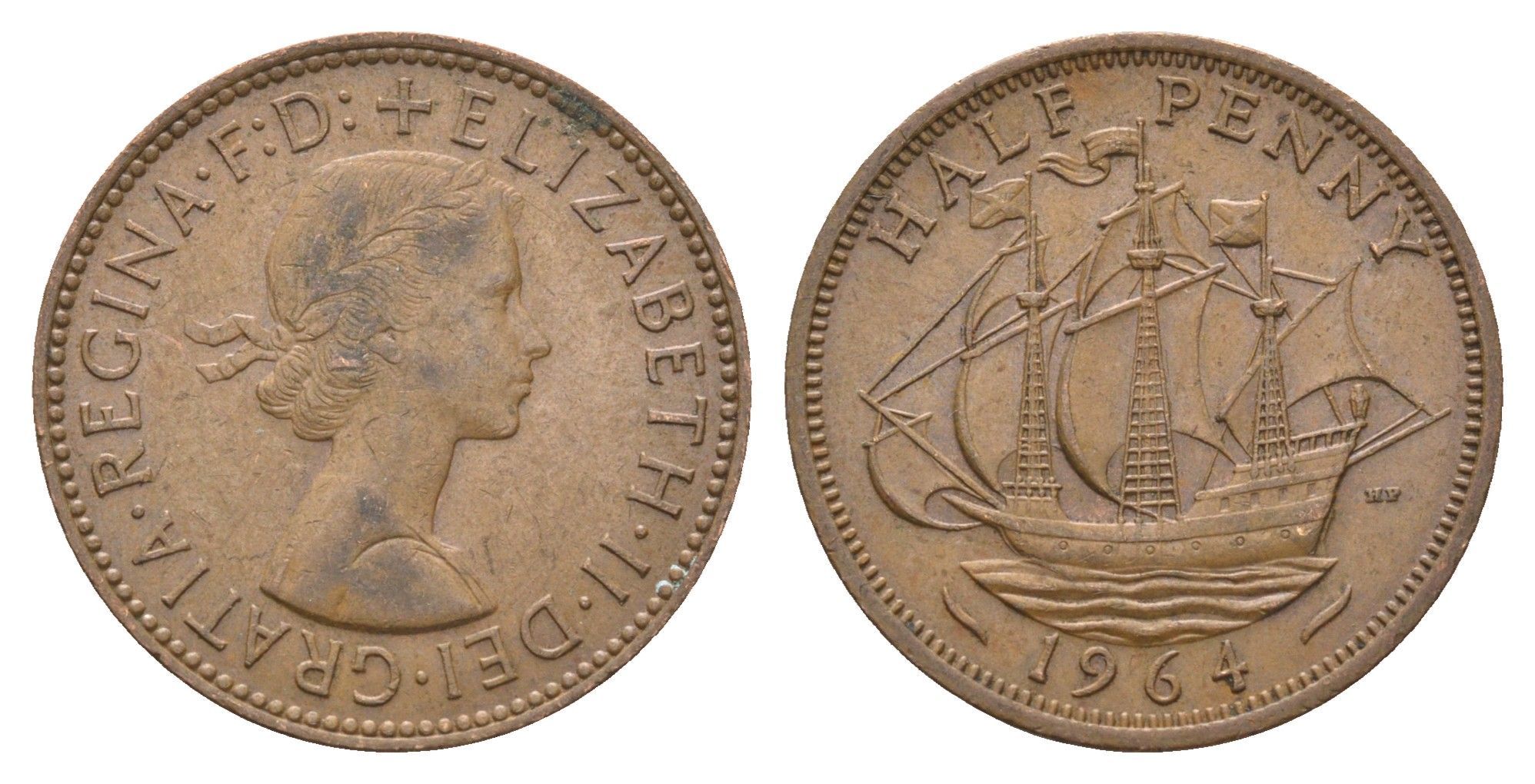 Великобритания 1/2 пенни 1964 Елизавета II (1952-2022) KM 896, Spink 4158 бронза 4662-1231