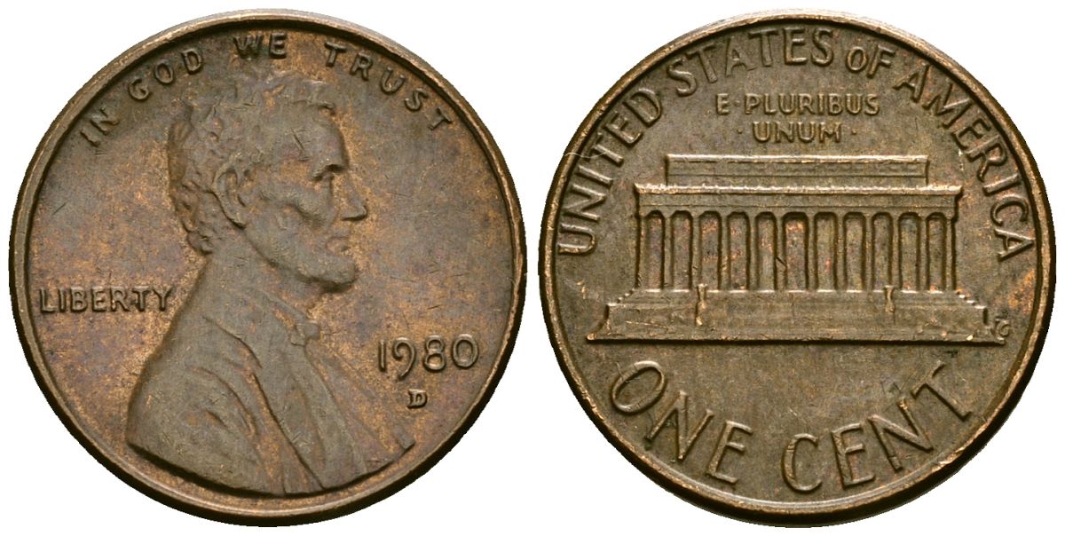 США 1 цент 1980 D, Авраам ЛинкольнKM 201 медь цинк 4136-169