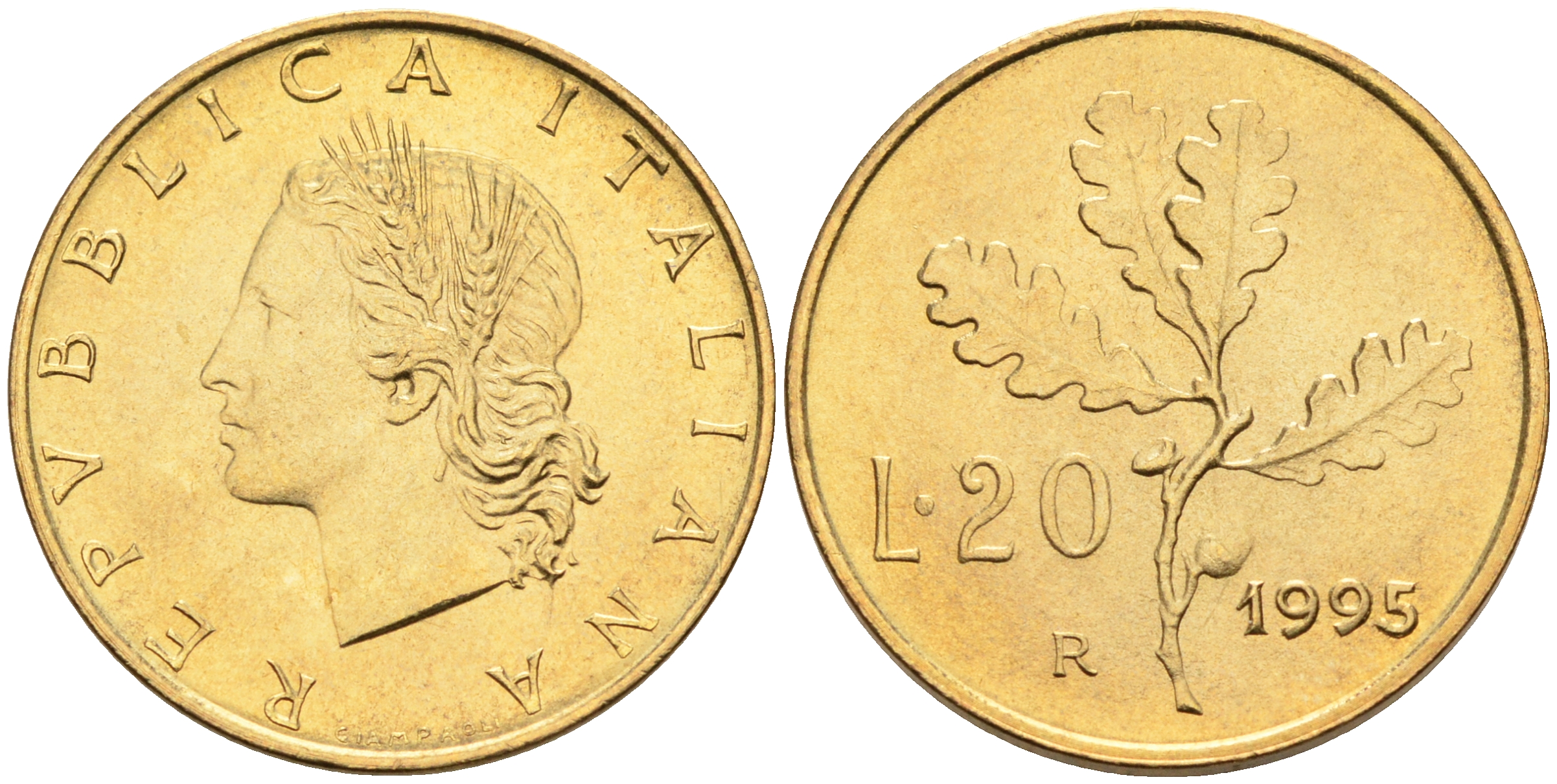Италия 20 лир 1995 R, дубовый лист KM 97.2 алюминиевая бронза  UNC  4594-1029