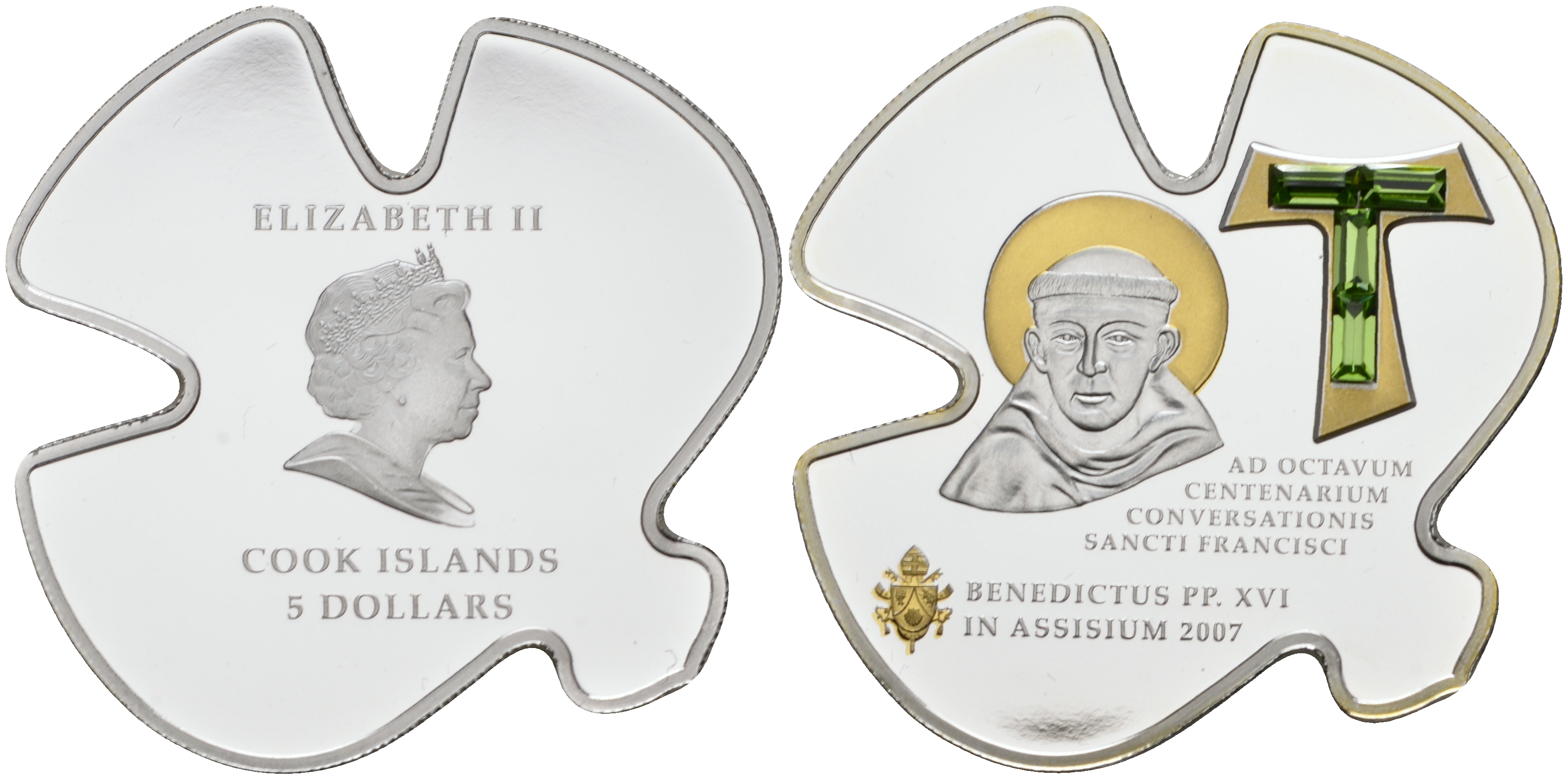 Острова Кука 5 долларов 2007 Бенедикт XVI посох, камни, позолота серебро PROOF 1069-5-31