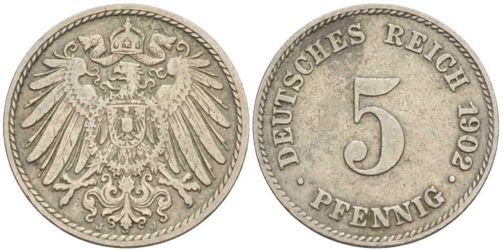 ГЕРМАНИЯ 5 ПФЕННИГОВ 1902 J KM 11, J. 12 медно-никель 100-651