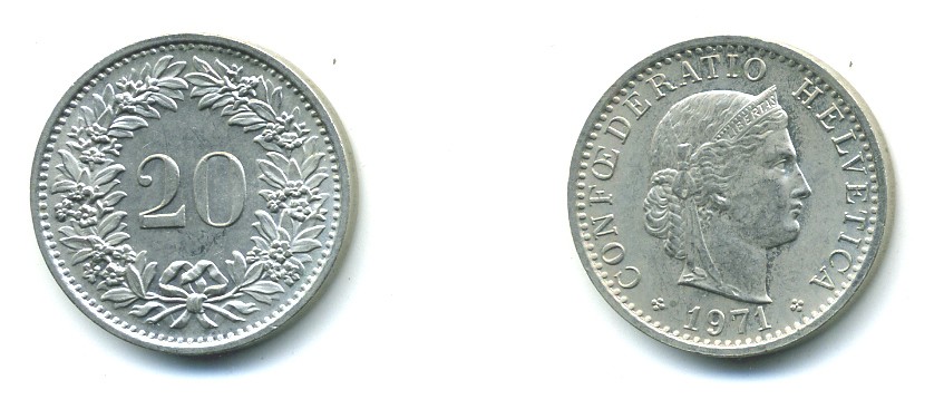 ШВЕЙЦАРИЯ 20 РАППЕНОВ 1971 KM 29а медно-никель 29-454