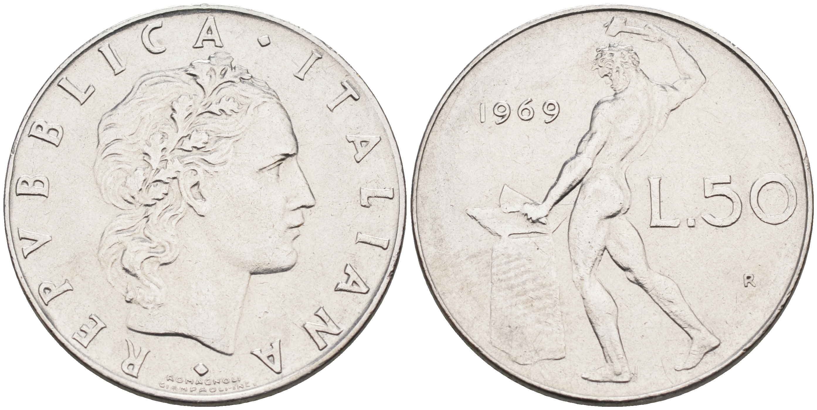 Италия 50 лир 1969 R, бог огня Вулкан у наковальни KM 95.1 нержавеющая сталь 4595-234