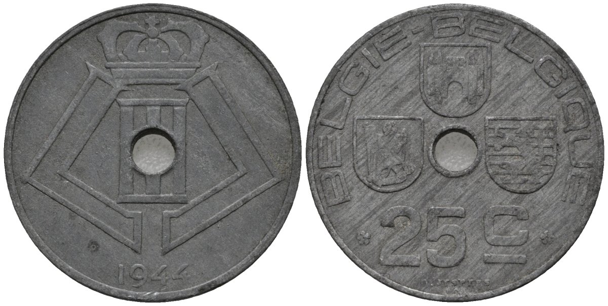 Бельгия 25 сантимов 1944 Belgie-Belgique, Леопольд III (1934-1947) KM 132 цинк 4577-826