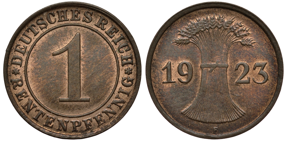 Германия 1 рентенпфенниг 1923 F цена по каталогу МТ 80 евро J 306, KM 30 бронза UNC 413-3224