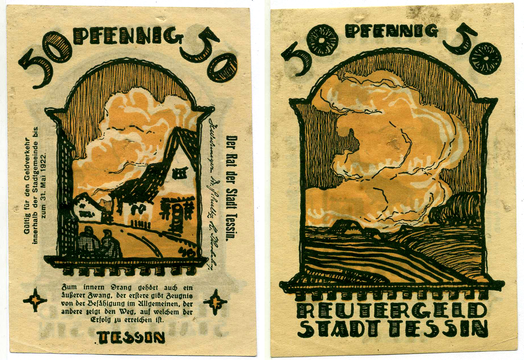 ТЕССИН 50 ПФЕННИГОВ 1922 ИЮЛЬ 1922 - 31 МАЯ 1922, НОТГЕЛЬД, ЗЕМЛЯ МЕКЛЕНБУРГ ВЕРХНЯЯ ПОМЕРАНИЯ Grabowski 1315.1 бумага 2193-11-3-2