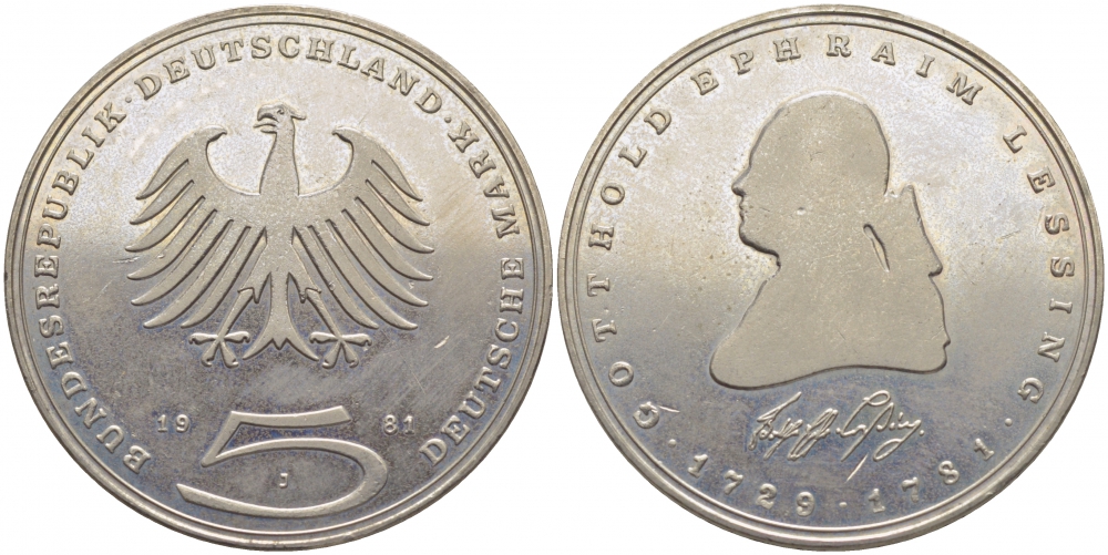 ФРГ 5 марок 1981 J, 200 лет со дня смерти Готхольда Эфраима Лессинга KM 154, J.429 медно-никель плакированный никелем 109-714