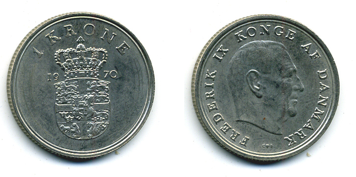 ДАНИЯ 1 КРОНА 1970 C; S, ФРЕДЕРИК IX (1947-1972) KM 851.1 медно-никель 56-543