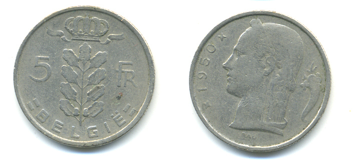 БЕЛЬГИЯ 5 ФРАНКОВ 1950 BELGIE KM 135.1 медно-никель 86-1345