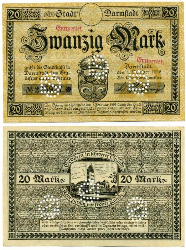 Германия, Дармштадт 20 марок 1918 - 1919 1 октября 1918 - 1 Февраля 1919, нотгельд, земля Гессен, водяной знак KREUZ-RINGEL-MUSTER, № номер снежинка, с перфорацией Geiger 092.07а  бумага  аUNC  8613-34-1-1