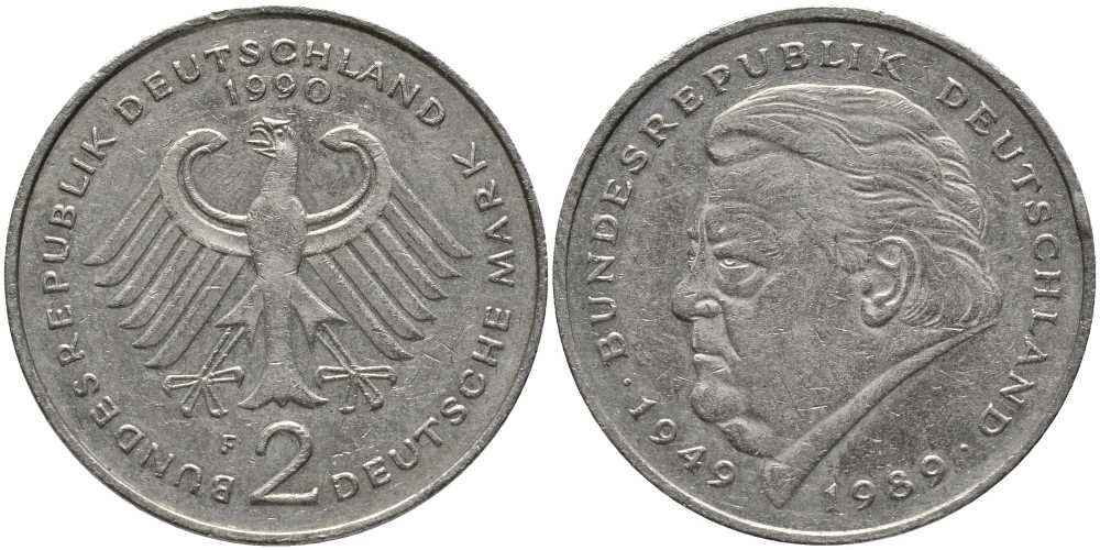 ФРГ 2 МАРКИ 1990 F, ФРАНЦ ЙОЗЕФ ШТРАУС KM 175, J. 450 медно-никель плакированный никелем 109-942