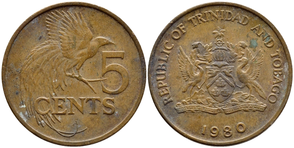 Тринидад и Тобаго 5 центов 1980 райская птица KM 30 бронза 4398-132