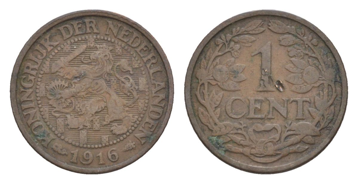 Нидерланды 1 цент 1916 Вильгельмина (1890-1948) KM 152 бронза 75-142