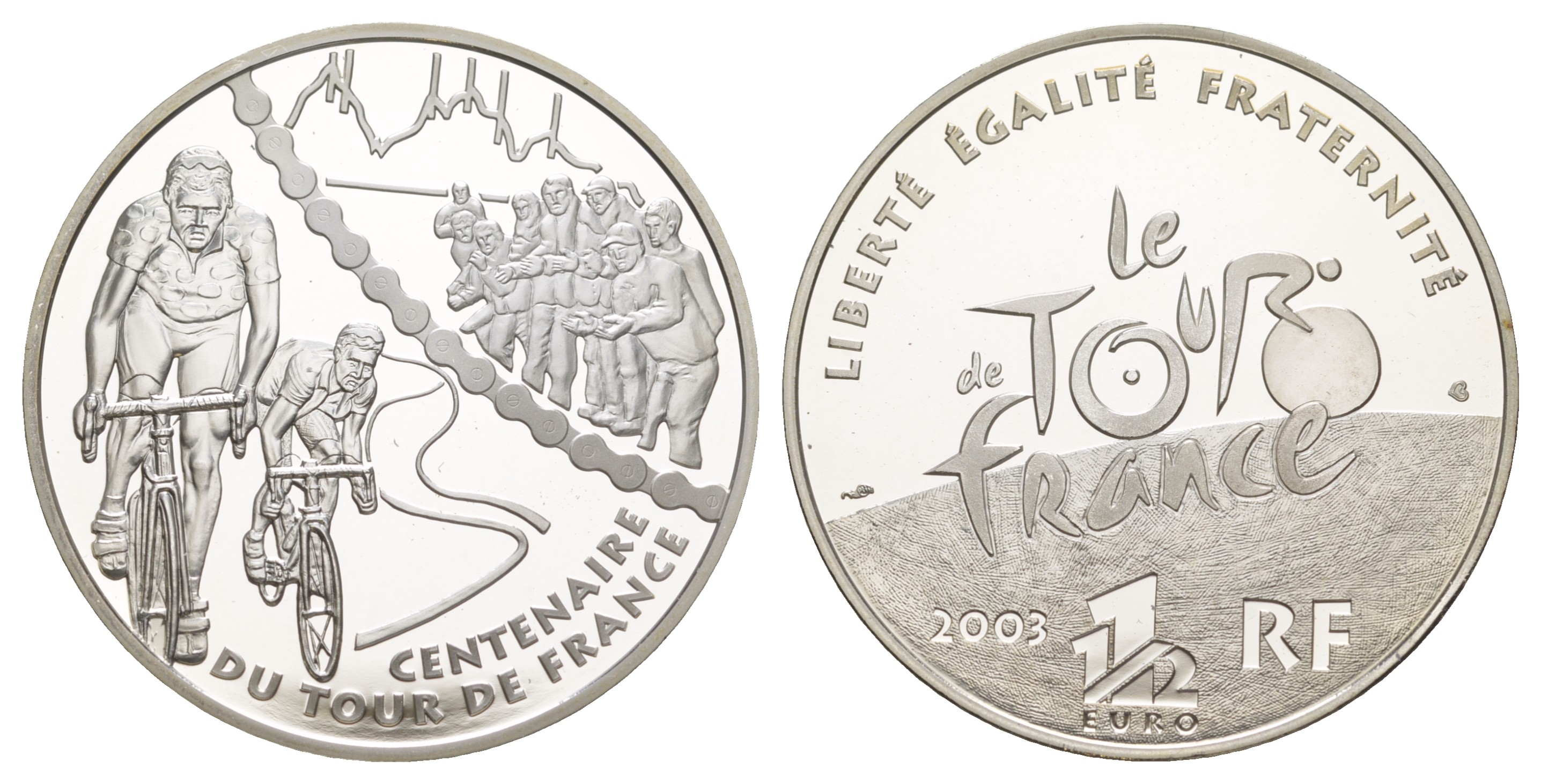 Франция 1 1/2 евро 2003 100 лет велогонкам Тур де Франс, два велосипедиста, в оригинальной коробке, сертификат KM 1323 серебро  PROOF  1-6-4-61