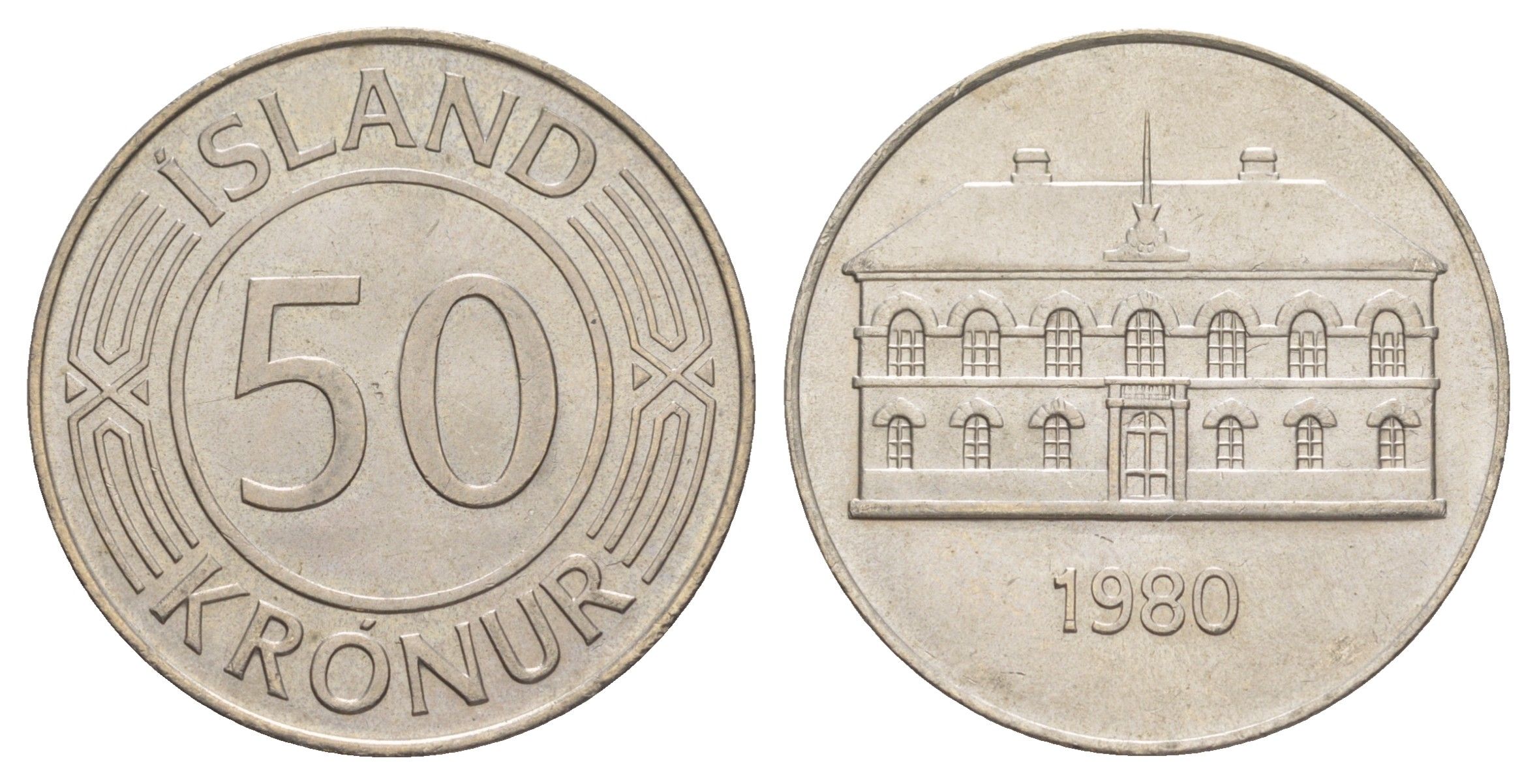 Исландия 50 крон 1980 здание парламента в Рейкьявике KM 19 медно-никель UNC 4645-443