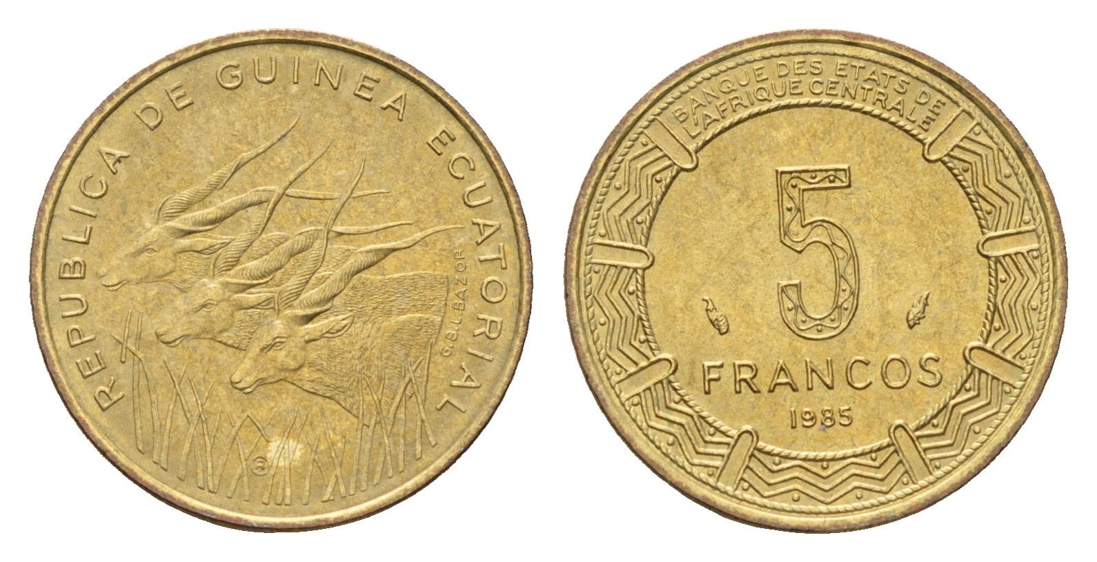 Экваториальная Гвинея 5 франков 1985 год-тип KM 62 алюминиевая бронза UNC 4669-441