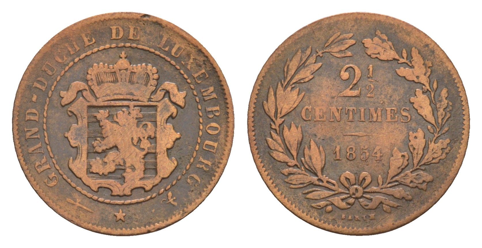 Люксембург 2 1/2 сантима 1854 Barth, Виллем III Нидерландский (1849-1890) KM 21 бронза 4655-463